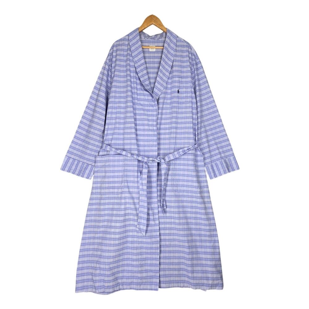 POLO RALPH LAUREN PLAID COTTON BATHROBE – L/XL – BLUE/WHITE – 100% COTTON